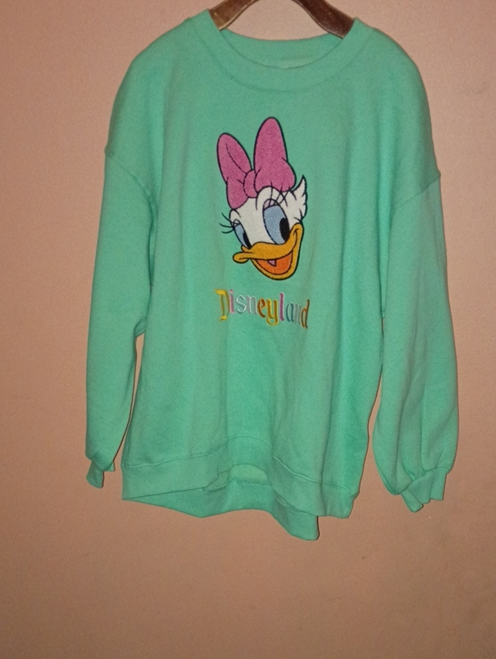 Disney Mint Green Daisy Duck Crewneck Sweatshirt with Pink Bow